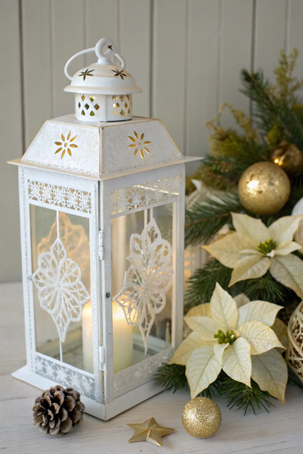 Illuminate your holiday with elegant white and gold lanterns, perfect for a touch of minimalist boho charm.