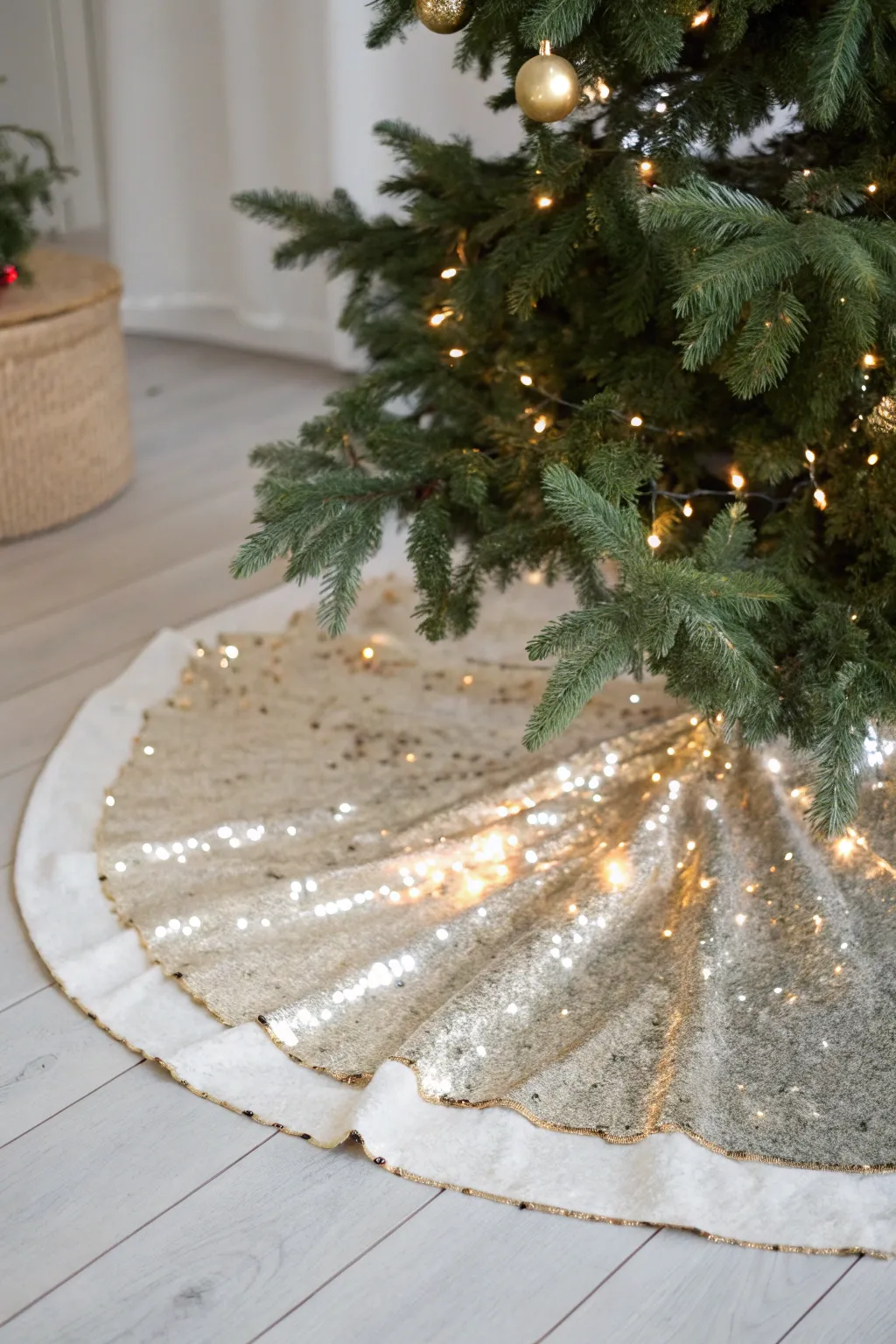 Add a touch of glamour to your holiday decor with this shimmering sequin tree skirt. Perfect for a minimalist yet festive setup!