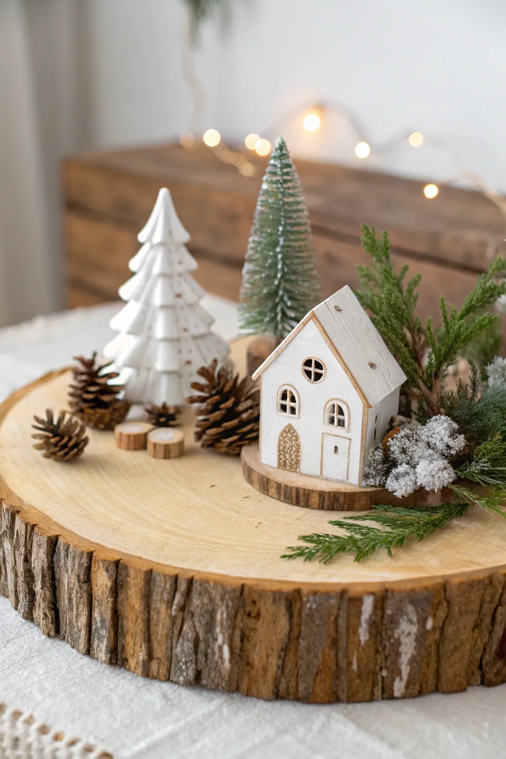 Embrace the rustic charm of a wooden base for your Christmas village display, adding natural elegance and stability with a Scandinavian-Boho touch.