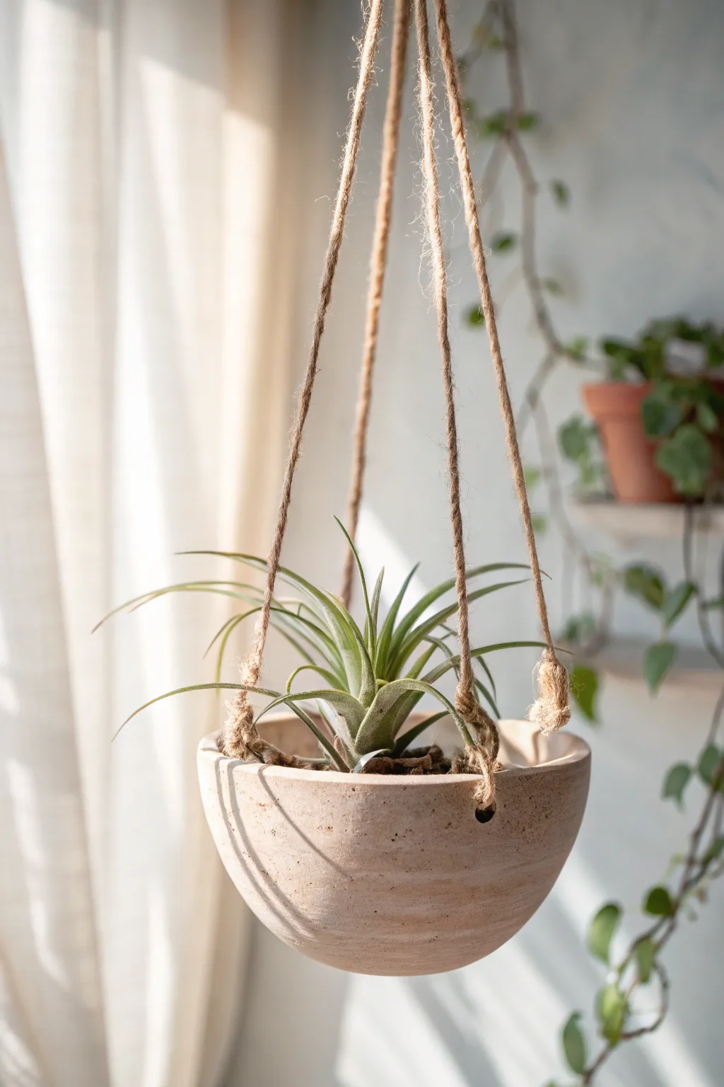 Elevate your space with this serene air plant display, blending minimalist elegance with a touch of boho charm.