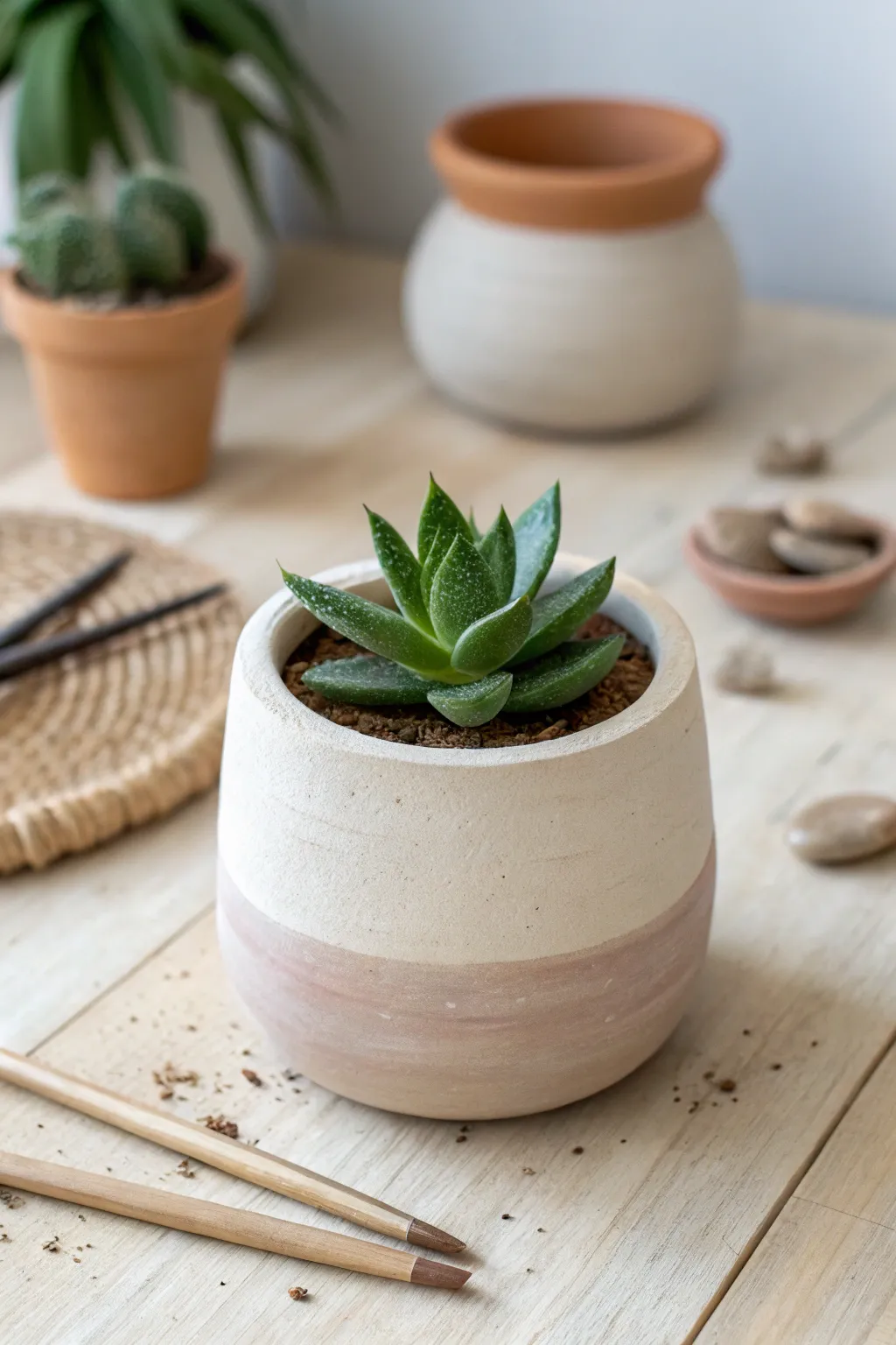 Embrace the beauty of simplicity with handcrafted mini clay pots for your succulents.