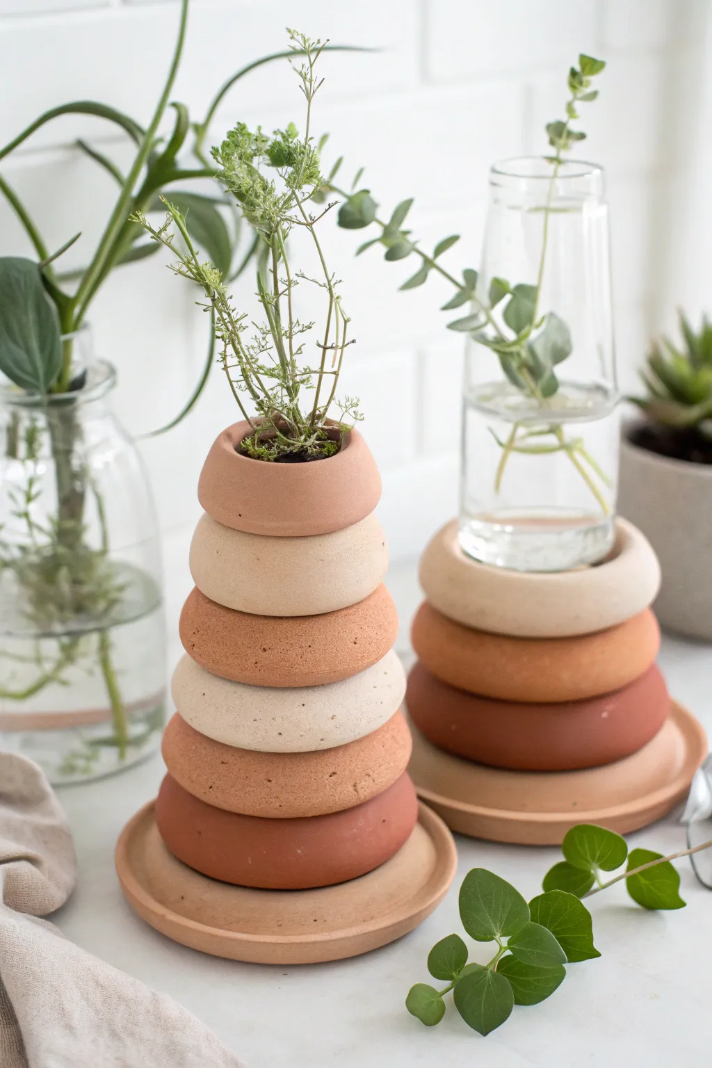 Elevate your plant game with these stylish clay and glass propagation towers. Perfect for a minimalist yet earthy touch.
