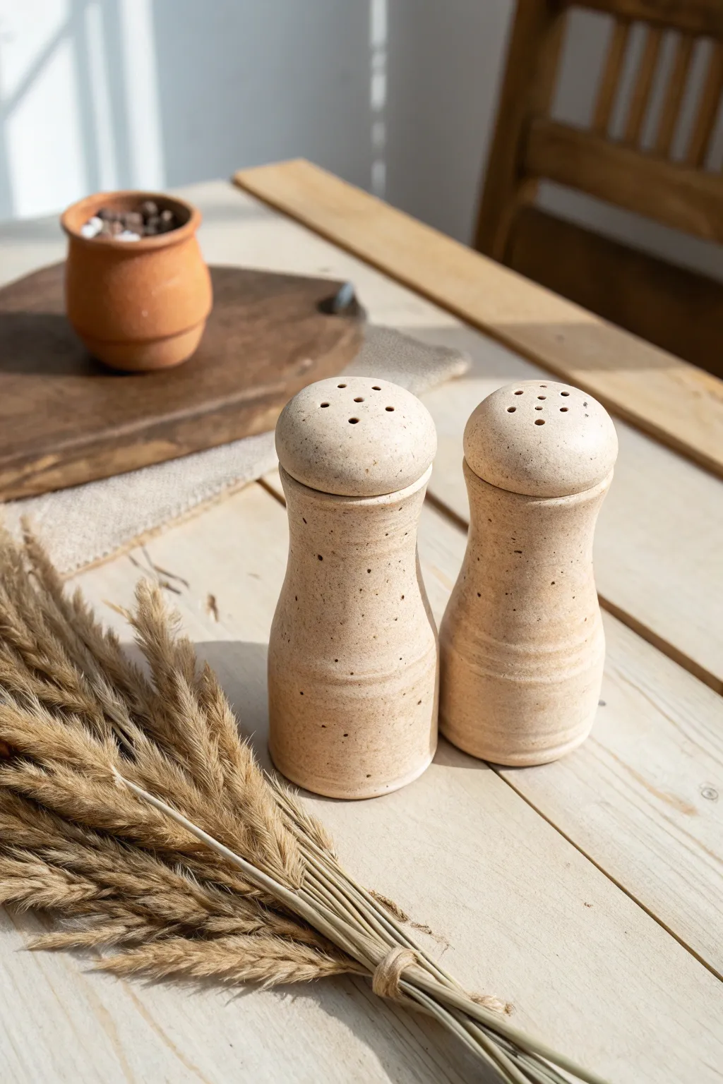 Elevate your kitchen with eco-friendly elegance: handcrafted salt and pepper shakers from upcycled clay. #SustainableStyle #MinimalistBoho