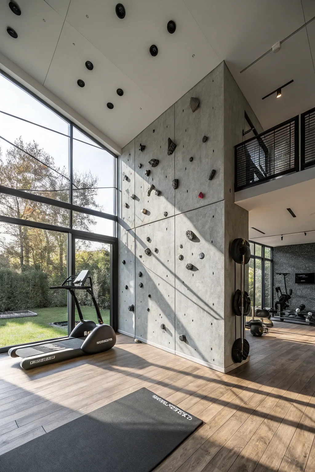 Elevate your workout with a sleek climbing wall centerpiece in your fitness room.
