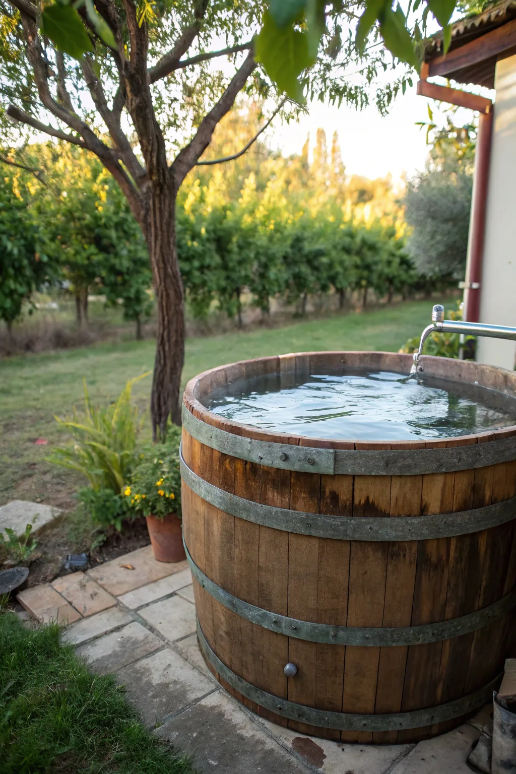 Dive into rustic elegance with a vintage barrel cold plunge.