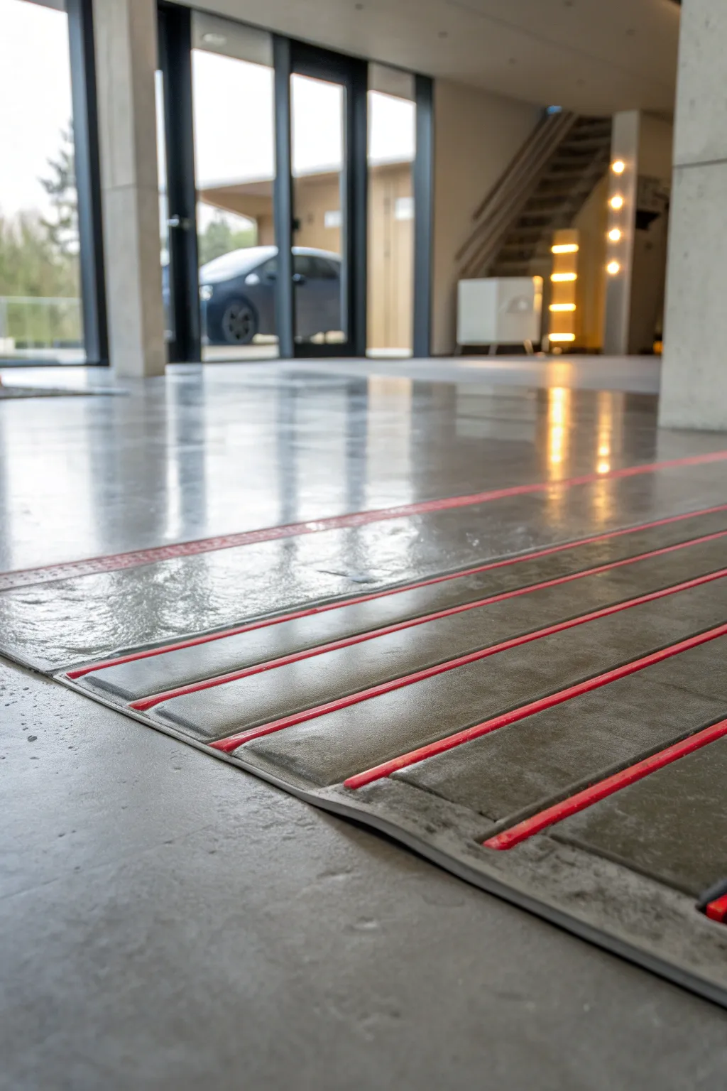 Experience the ultimate in comfort with radiant floor heating under sleek concrete.