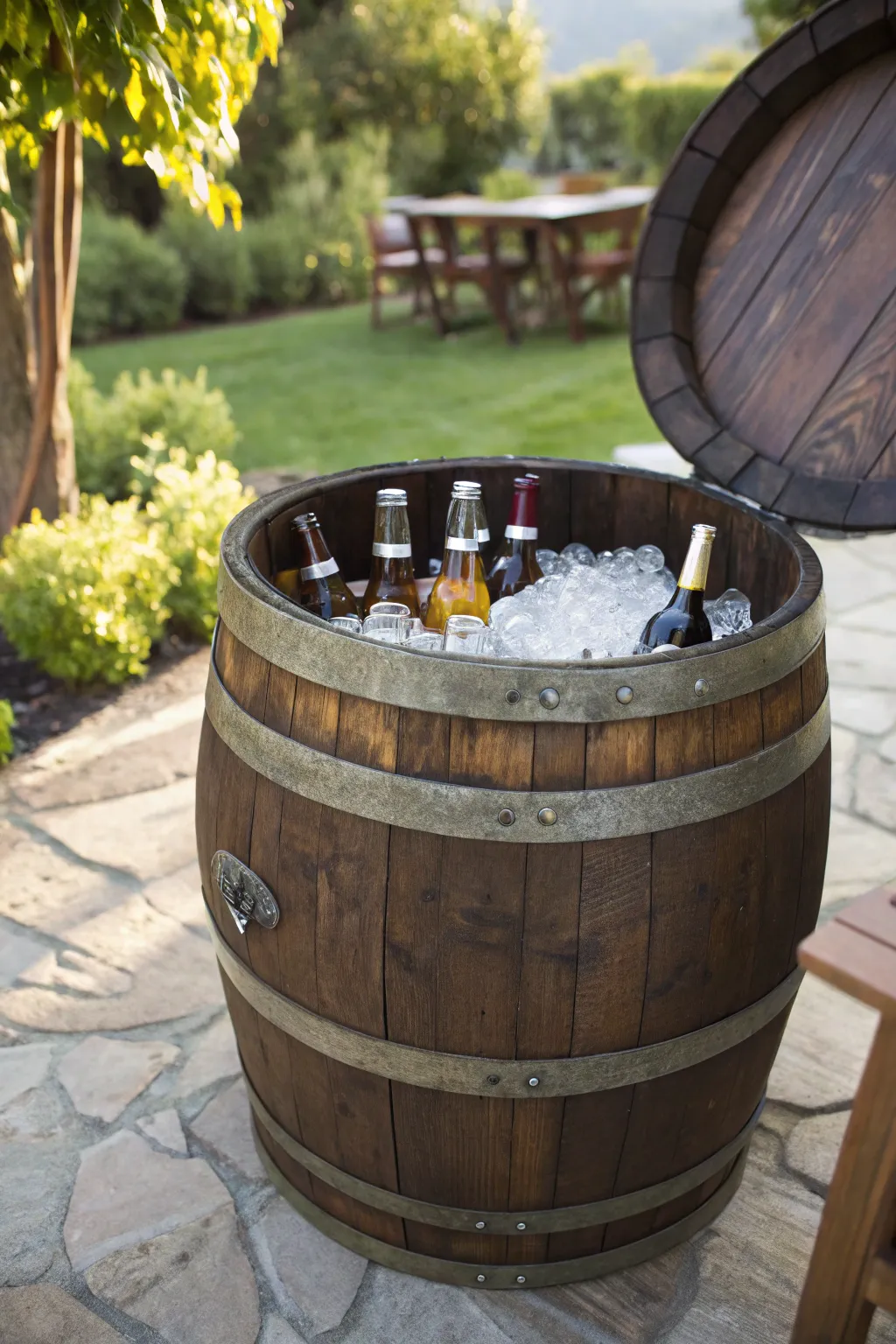 Transform your backyard gatherings with this elegant wine barrel cooler—where style meets function.