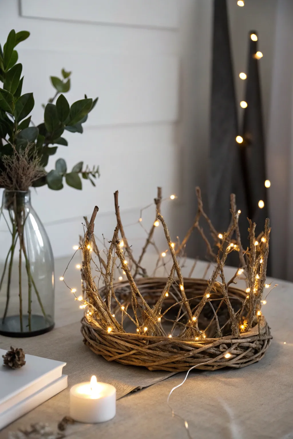 Illuminate your table with a touch of magic: DIY Crown Centerpiece with Twinkling Fairy Lights.