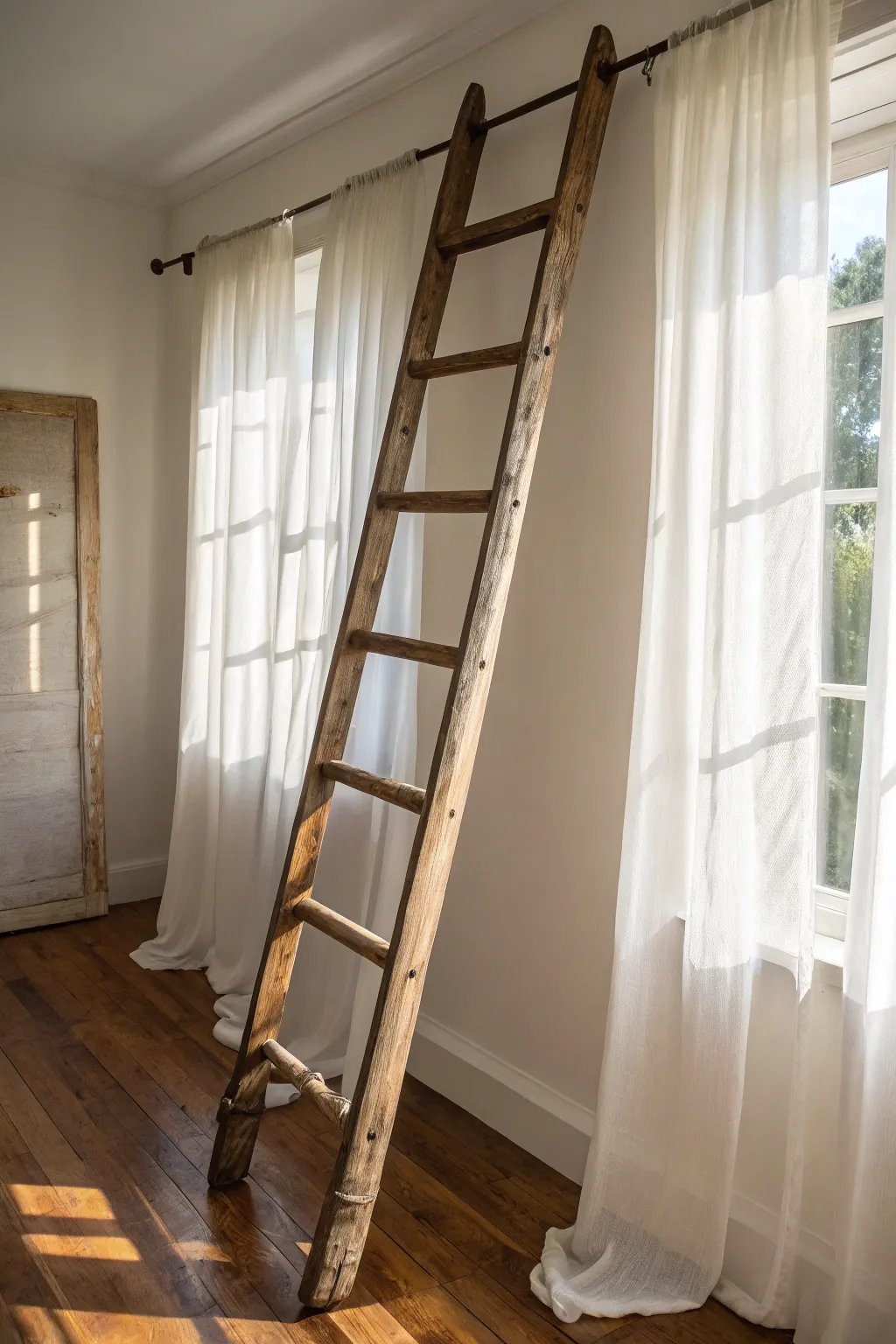 Elevate your space with vintage charm: Repurpose an antique ladder as a unique curtain rod.
