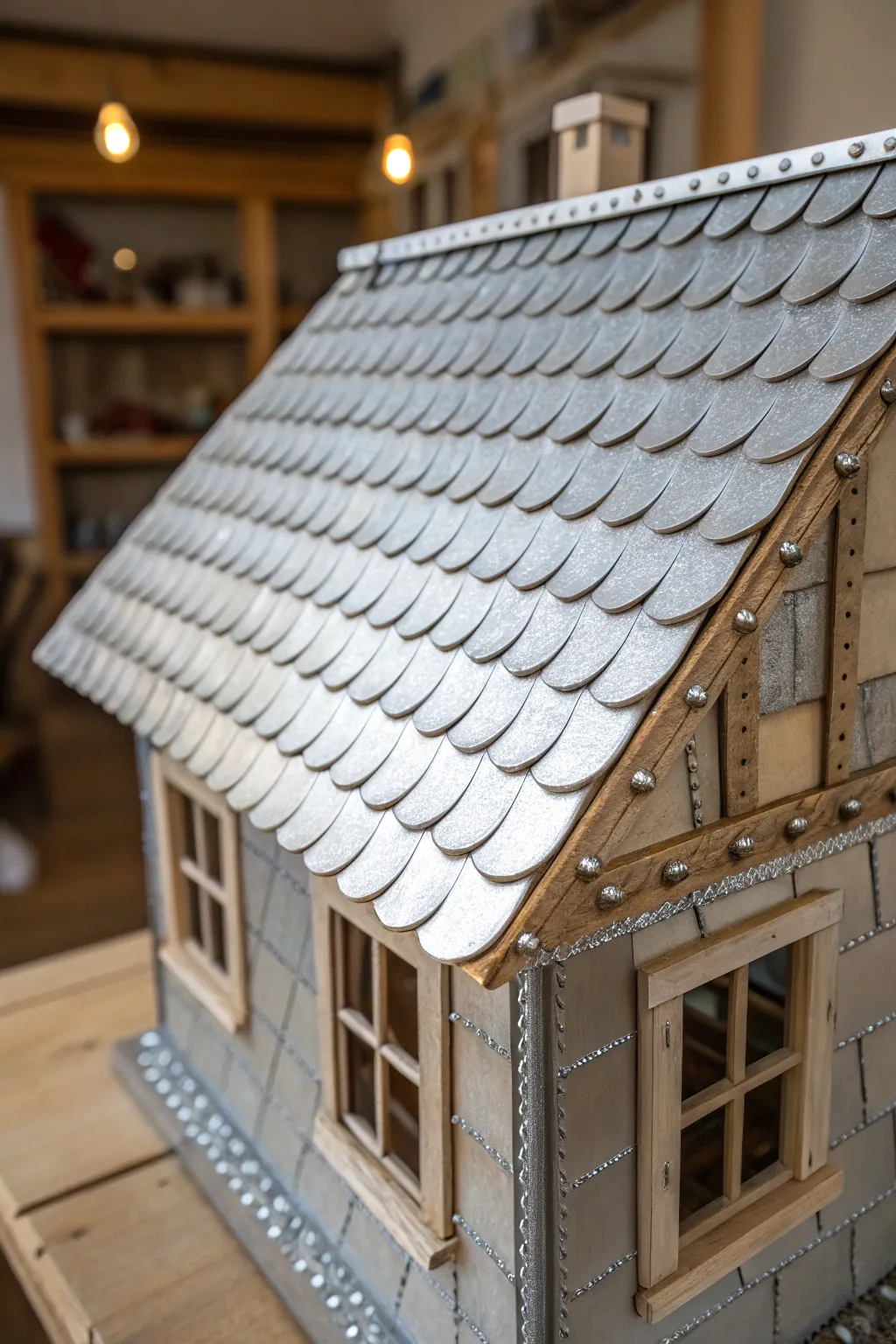 Transform your dollhouse with a chic metal roof made from soda cans! Embrace simplicity and craftsmanship for a truly unique look.