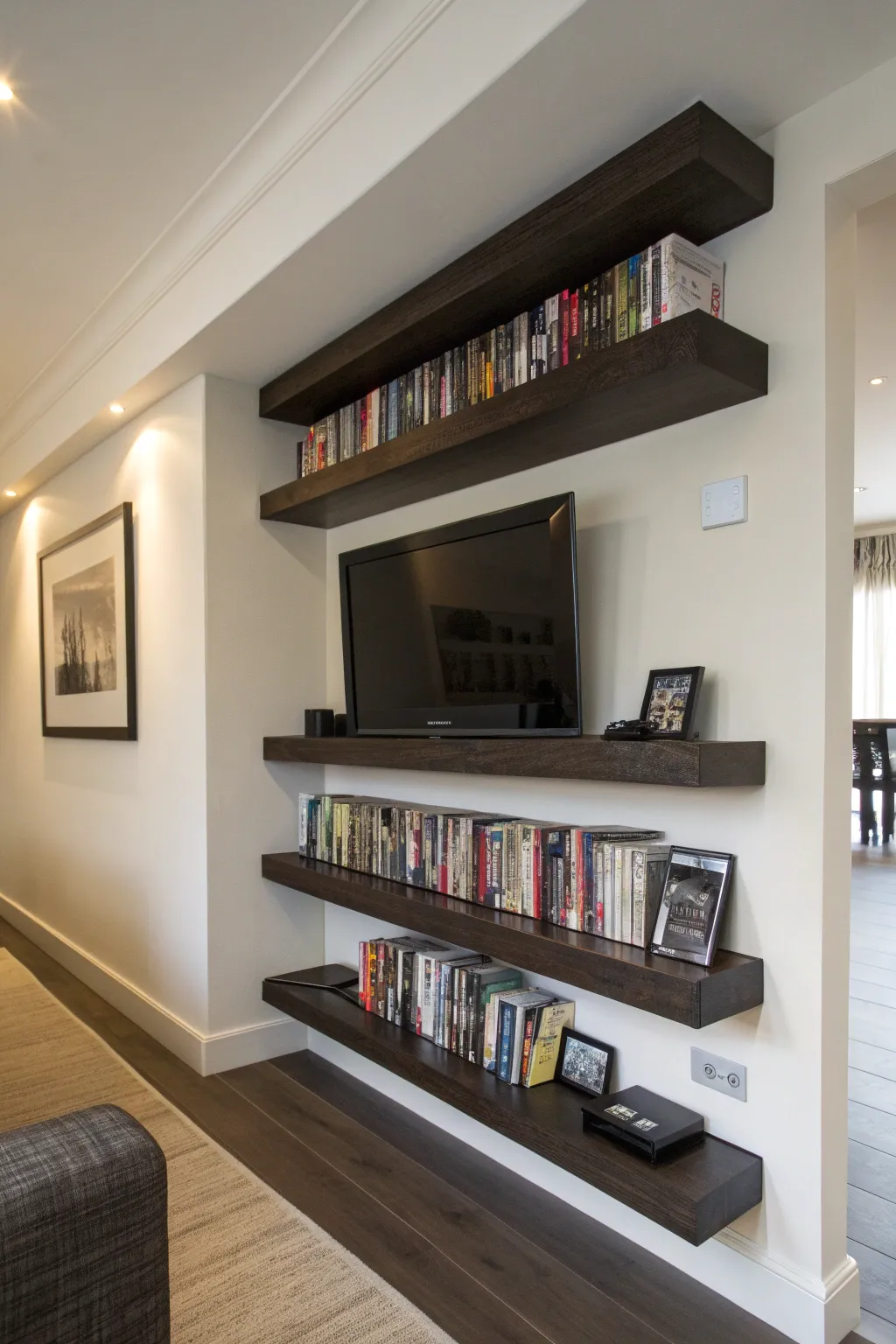Transform your space with minimalist floating shelves for a sleek DVD storage solution.