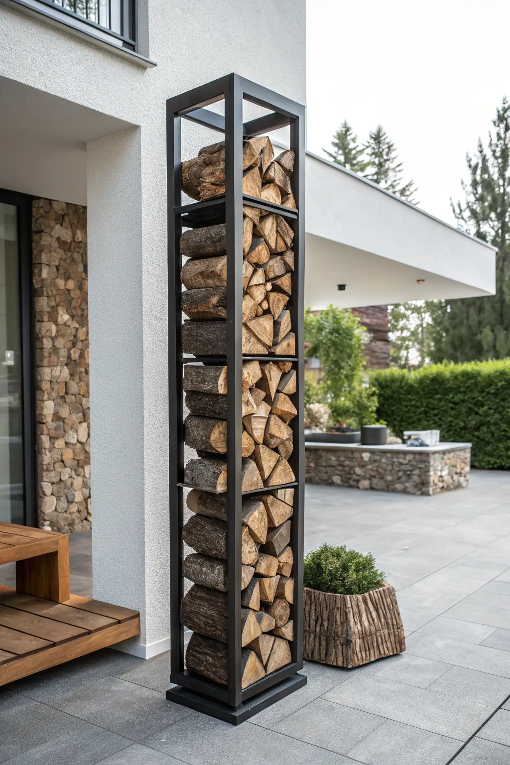 Elevate your patio style with a striking vertical log tower - where functionality meets modern design.