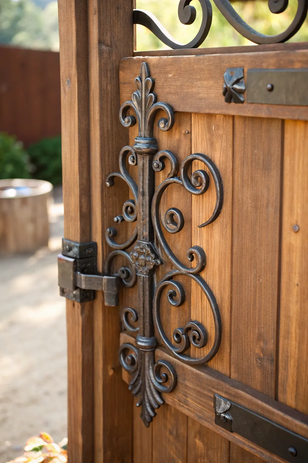 Elevate your entrance with a handcrafted iron latch that's both elegant and robust.
