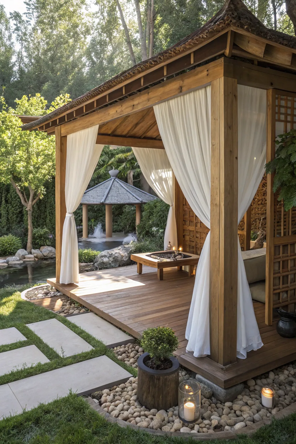 Transform your gazebo into a Zen retreat for ultimate relaxation.