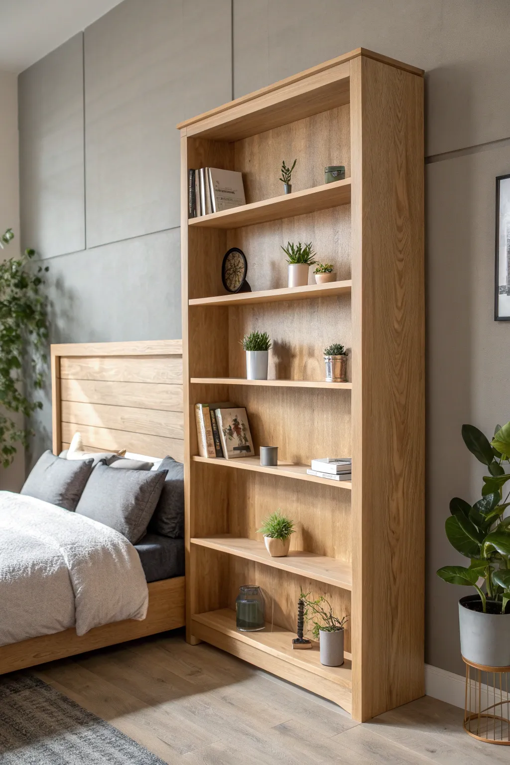 Elevate your space with a minimalist headboard that blends function and style. Perfect for dividing and defining your open-concept living area.