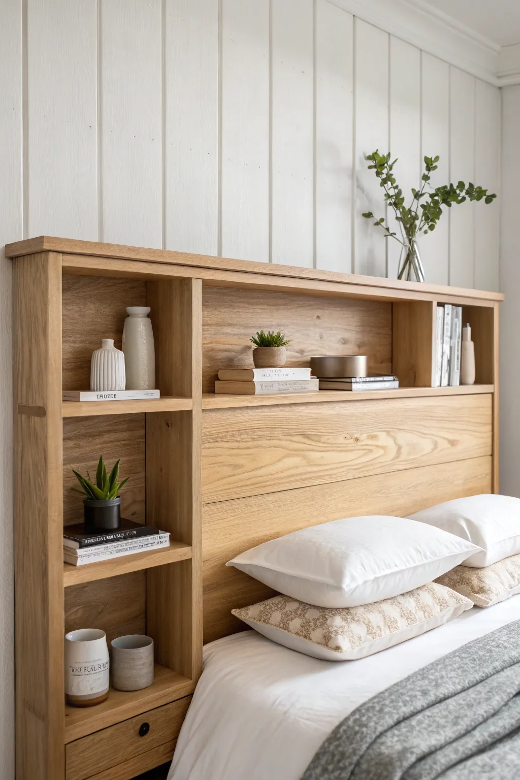 Elevate your bedroom with a minimalist headboard featuring integrated shelving—perfect for stylish storage and display in small spaces.