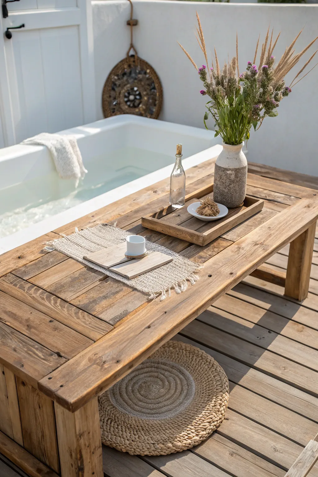 Transform your outdoor space with the timeless beauty of recycled materials. This DIY hot tub table, crafted from an old door, adds a unique story to every gathering.