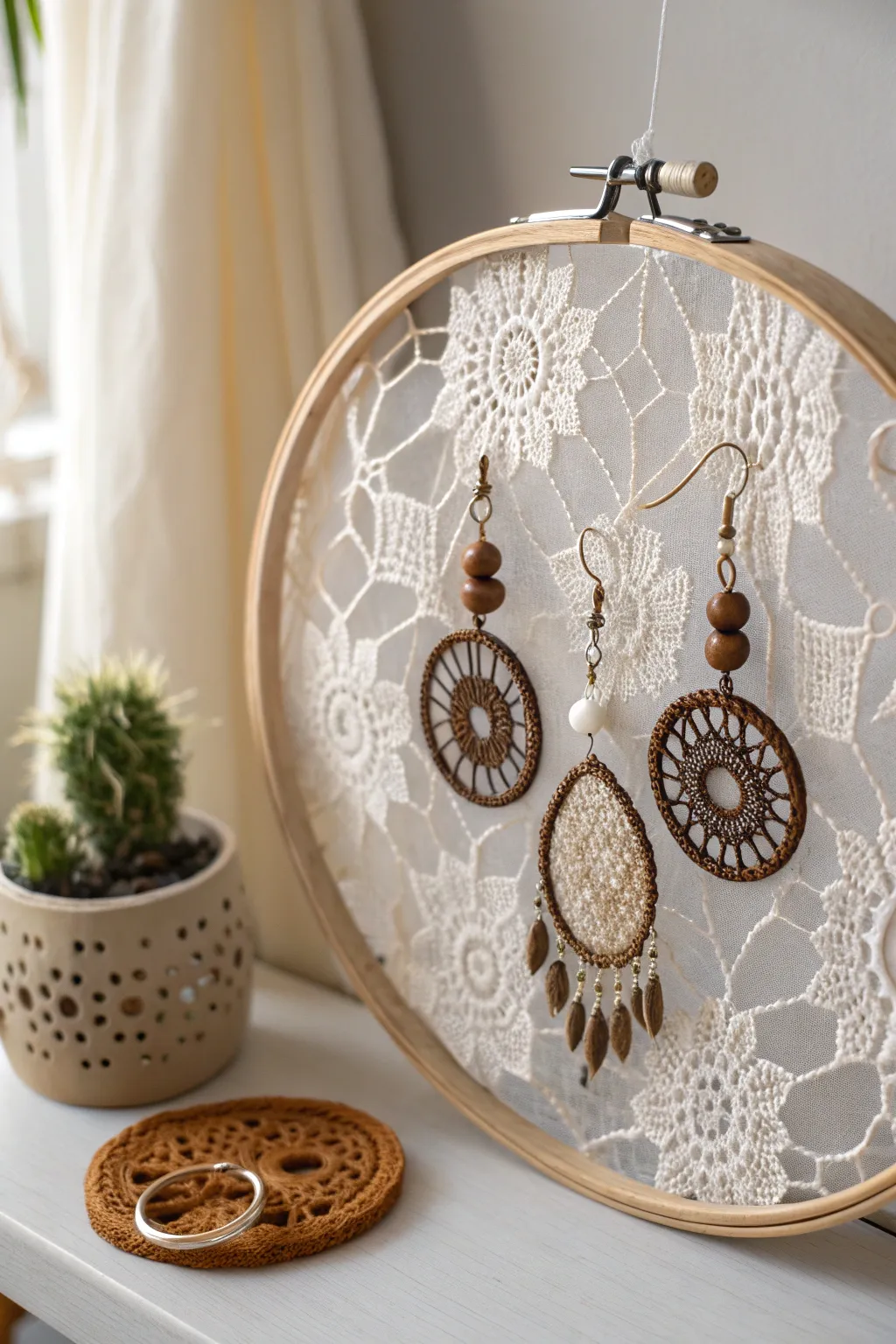 Elevate your jewelry display with this charming lace hoop earring holder—where minimalism meets boho elegance.