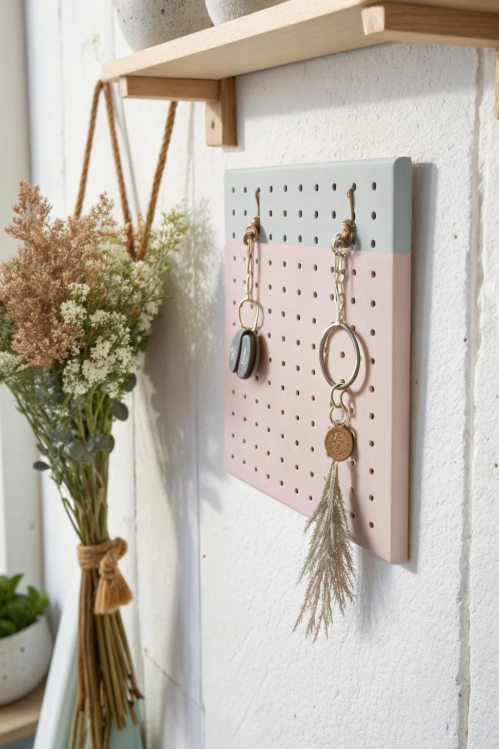 Elevate your entryway with a touch of minimalist charm: a painted pegboard key holder that blends functionality with beautiful simplicity.