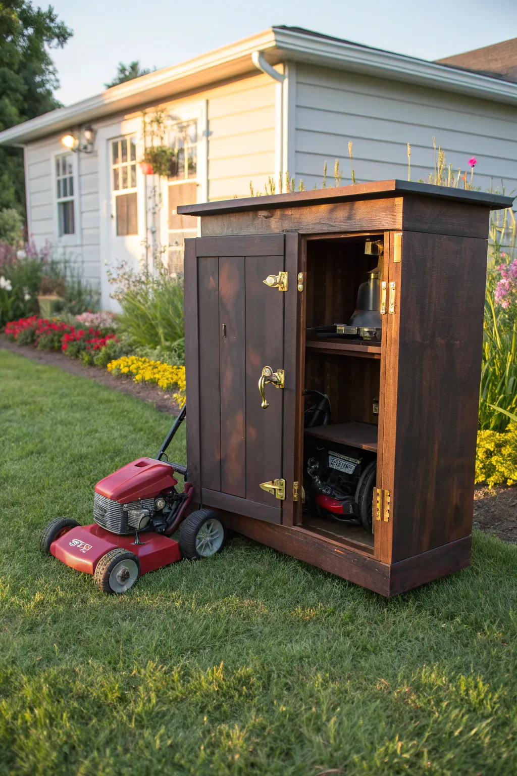 Transform an old cabinet into a chic mower storage haven with a touch of rustic elegance.