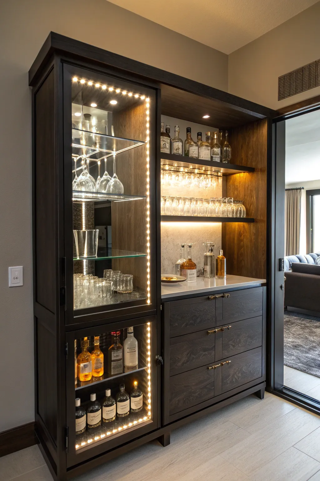 Transform your space with a stylish open shelf liquor cabinet featuring stunning LED backlighting.