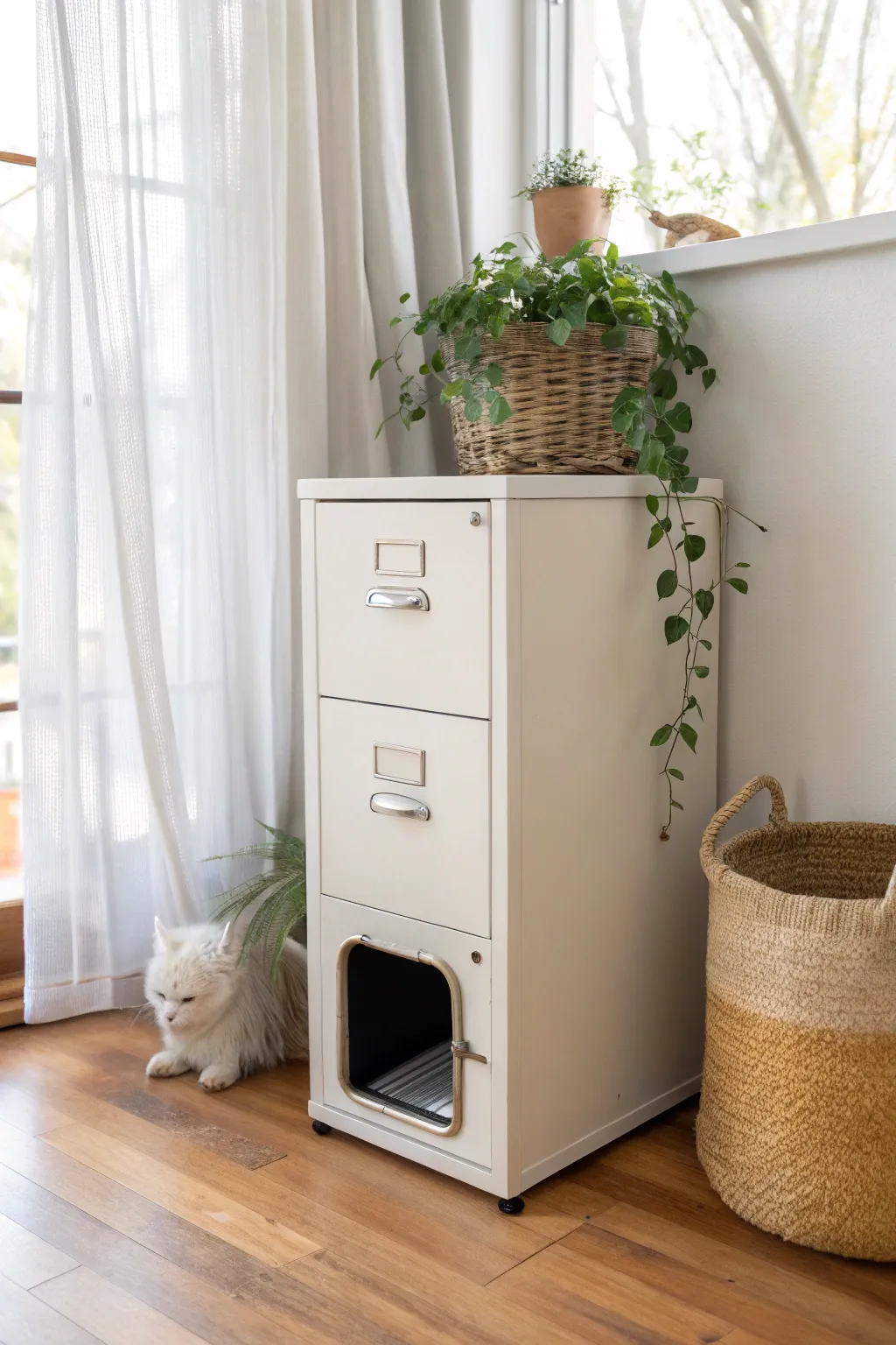 Transform your old filing cabinet into a chic and functional litter box hideaway with a touch of minimalist elegance.