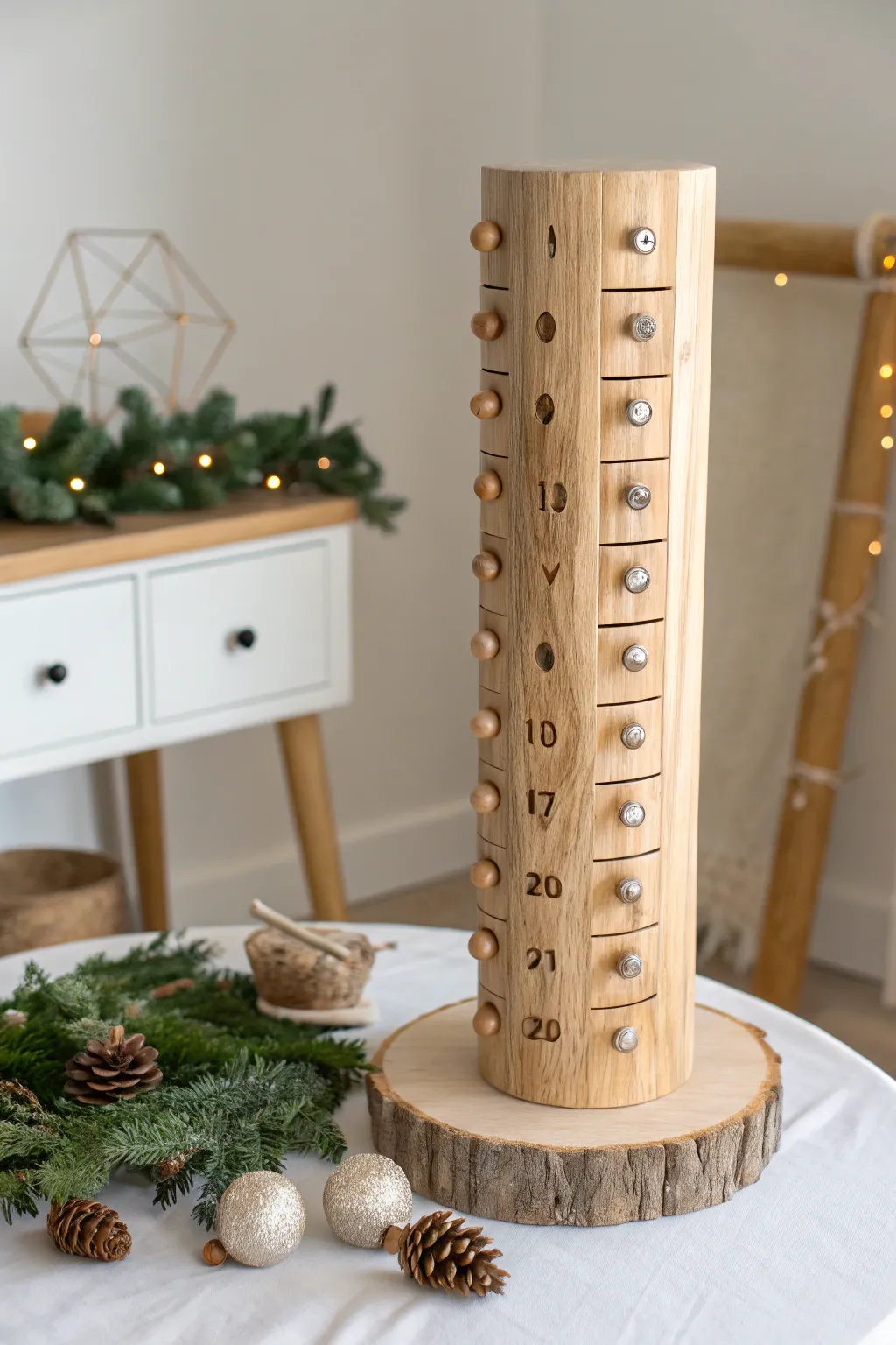 Count down to Christmas with rustic elegance: a handcrafted log advent calendar that brings a touch of nature into your holiday decor!