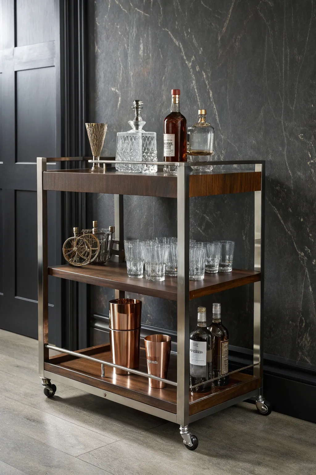 Elevate your man cave with this sophisticated bar cart, the perfect blend of style and function.