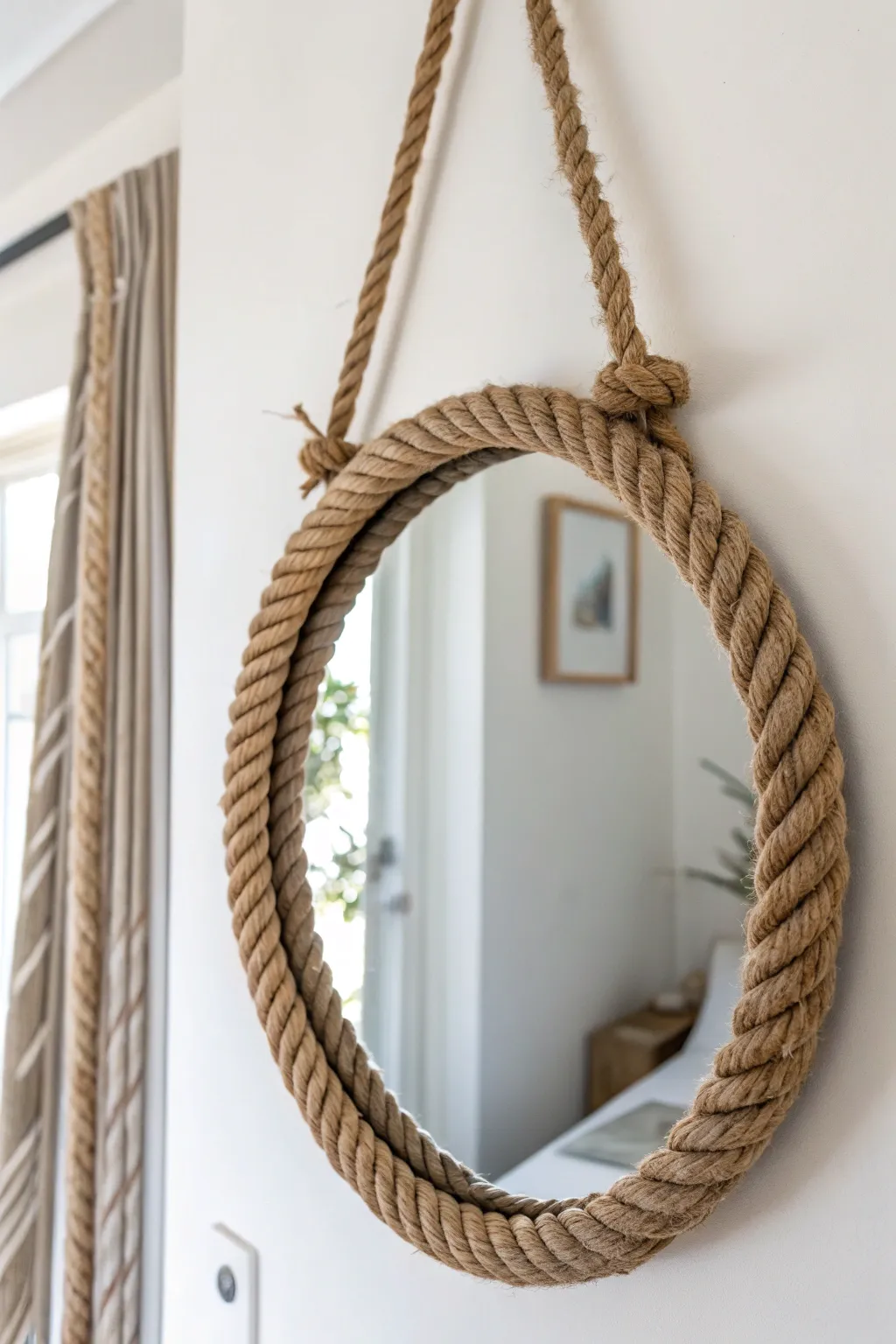 Elevate your space with a touch of rustic elegance: a DIY rope-wrapped mirror for a perfect blend of simplicity and natural beauty.