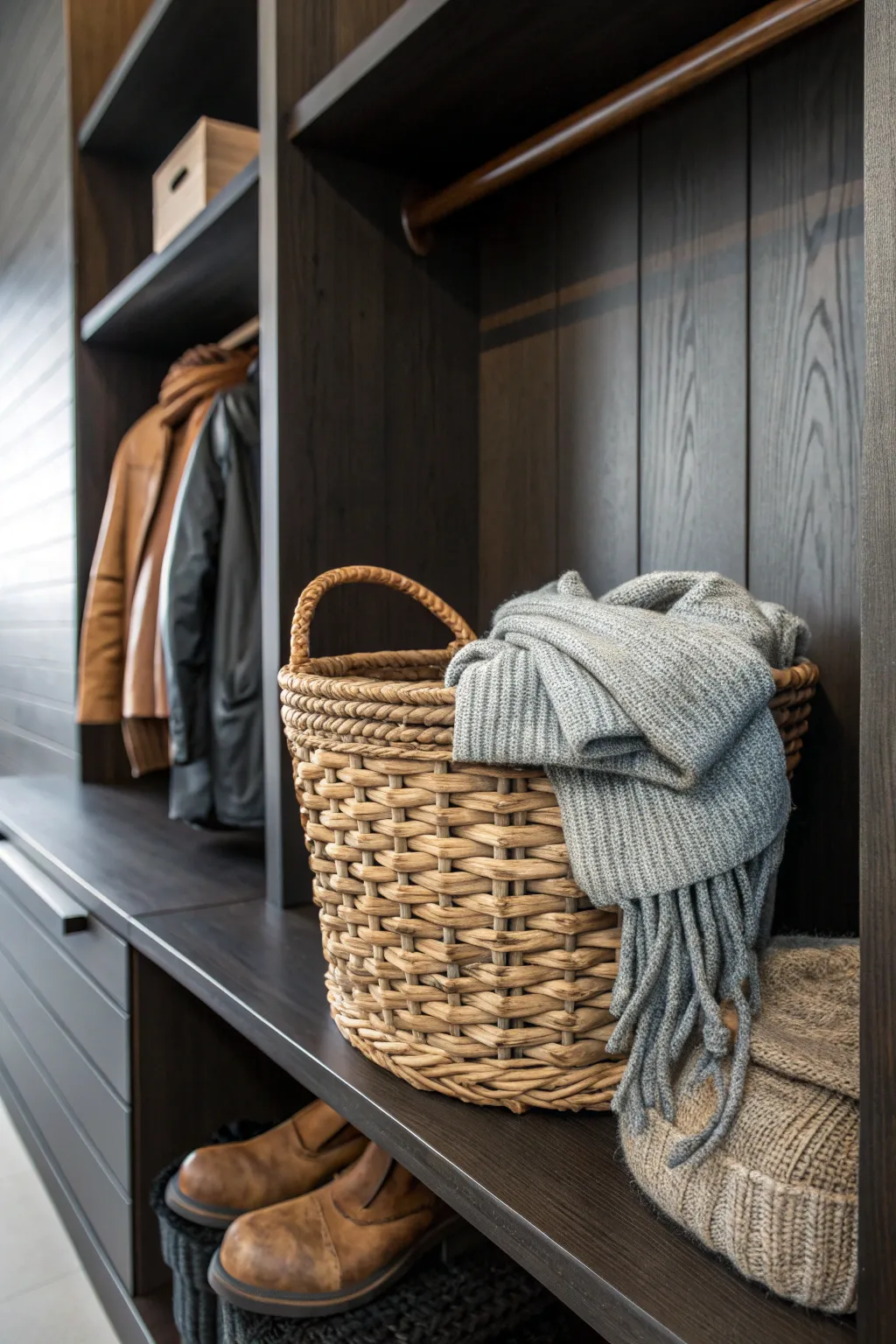 Elevate your mudroom with stylish wicker baskets for effortless organization.