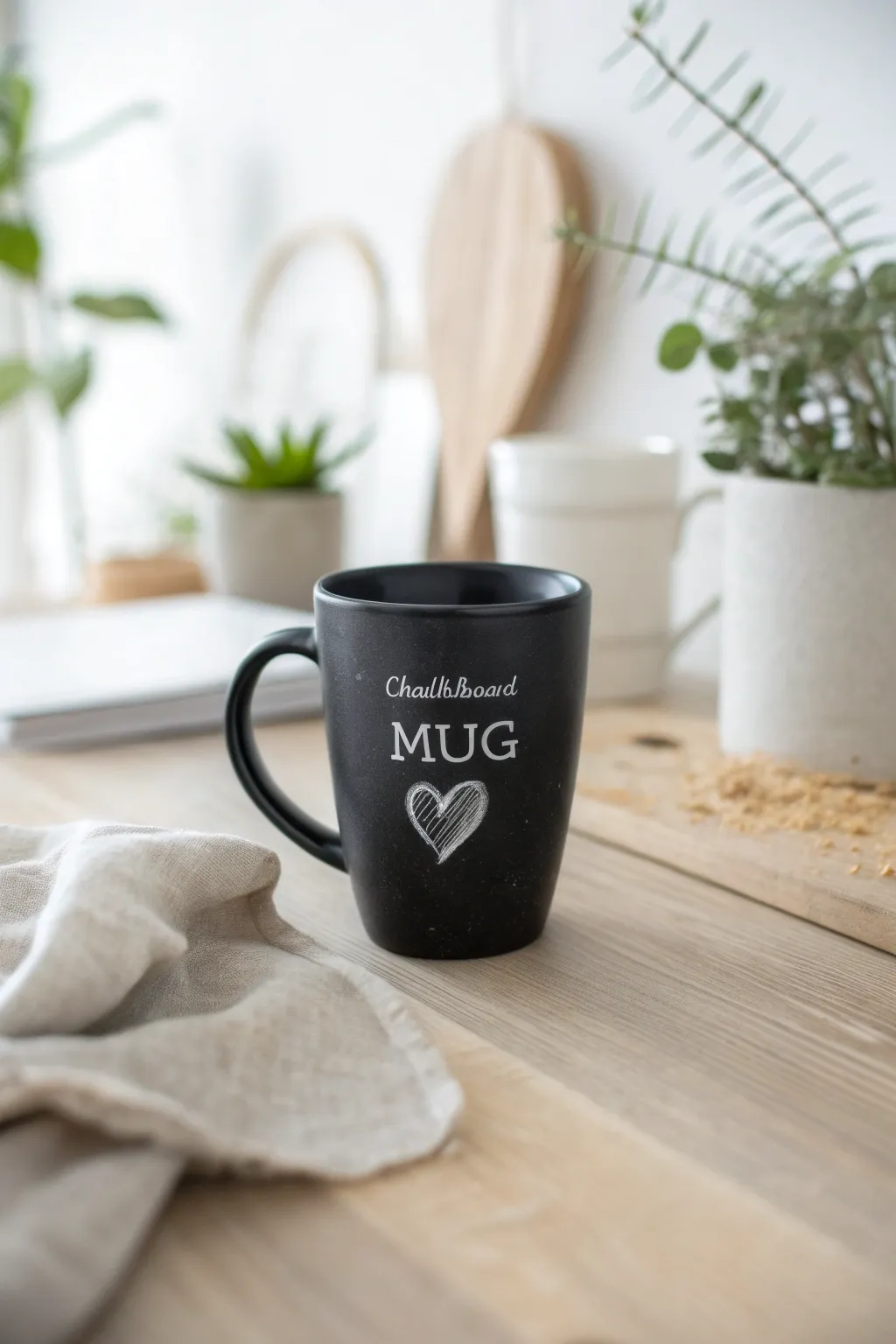Add a personal touch to your mornings with a customizable chalkboard mug.