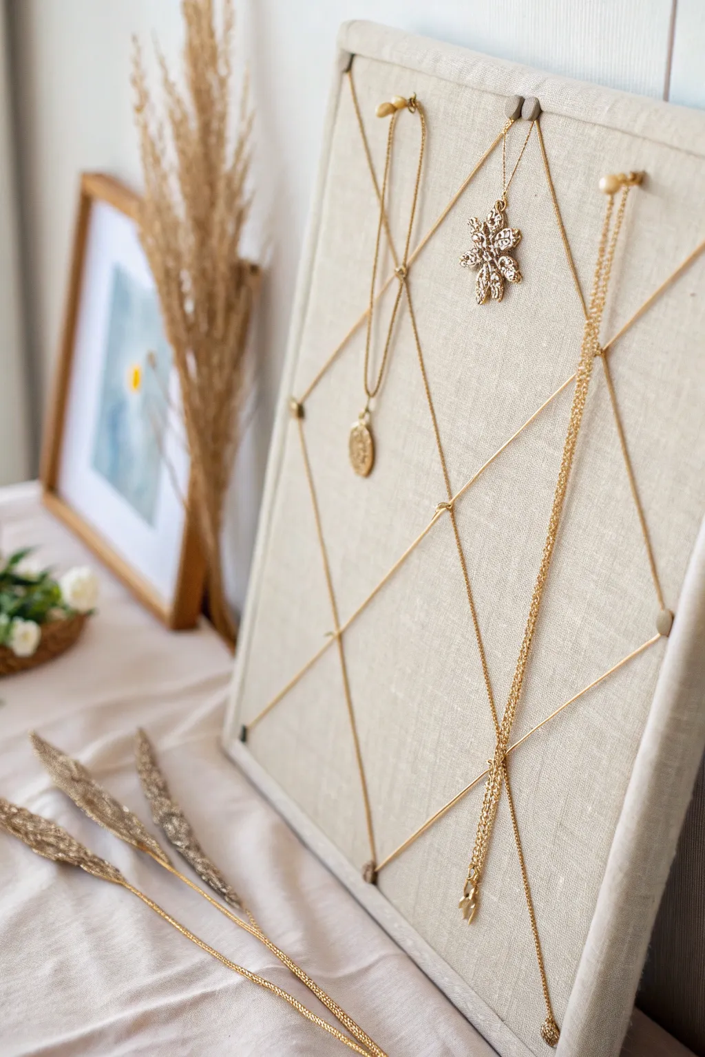 Transform your space with this elegant DIY fabric-covered corkboard necklace holder, where simplicity meets beauty.