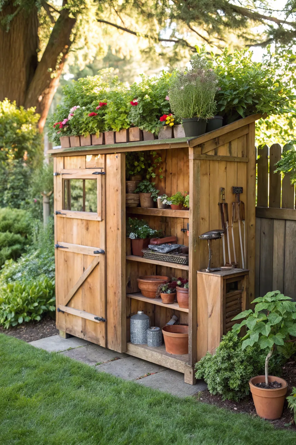 Transform your old entertainment center into a garden shed masterpiece.