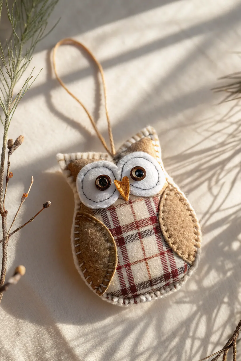 Charming plaid owl ornament: a delightful blend of minimalist elegance and boho charm.