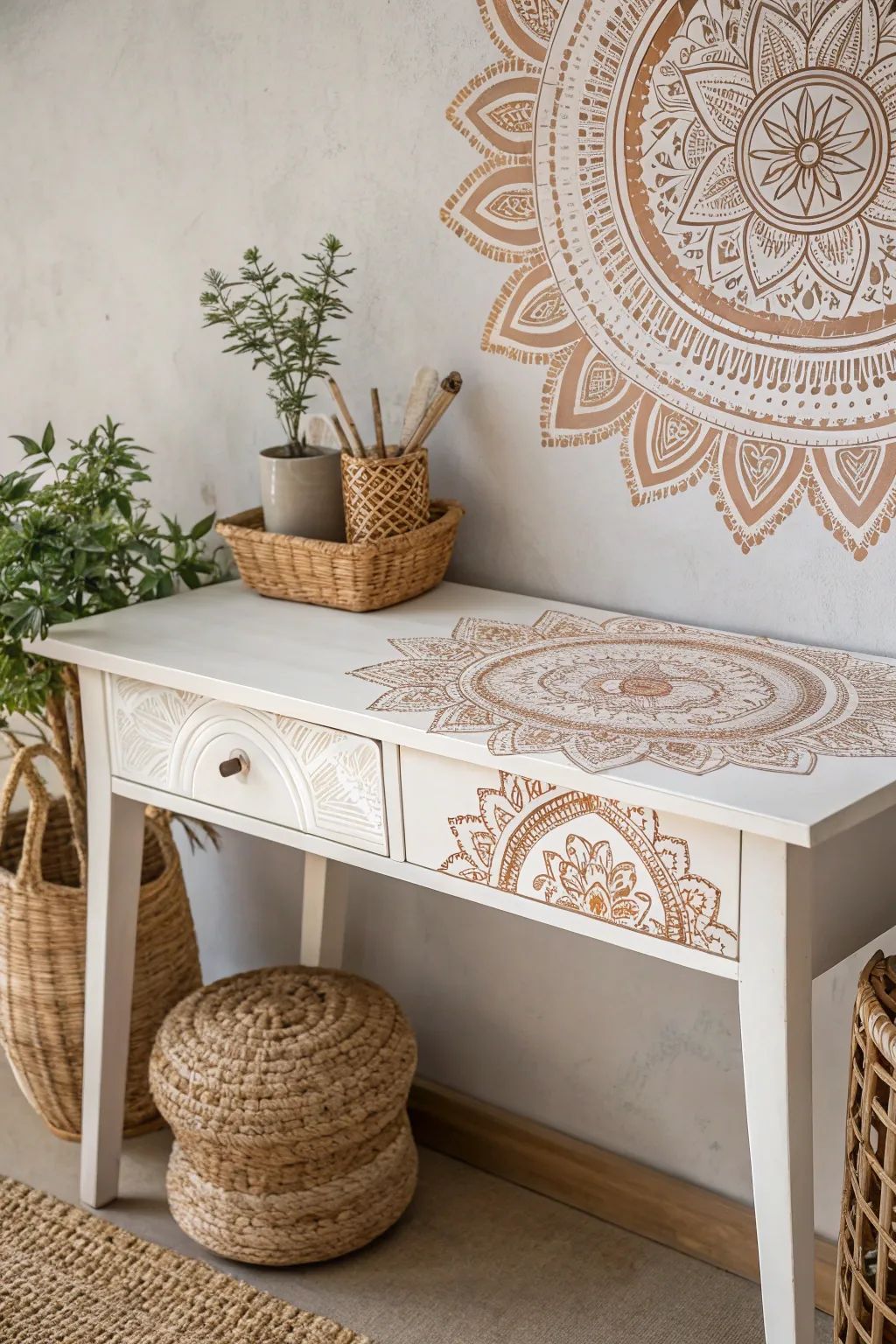 Unleash your creativity with boho-inspired mandalas for a chic and artistic desk makeover.