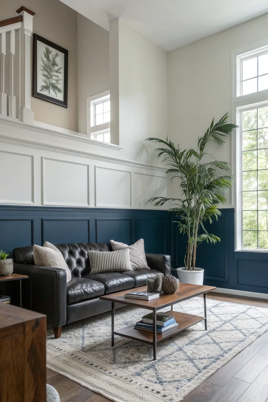 Transform your space effortlessly with a chic half-wall paint technique. Elevate your living room's style and ceiling height illusion with bold contrasts.