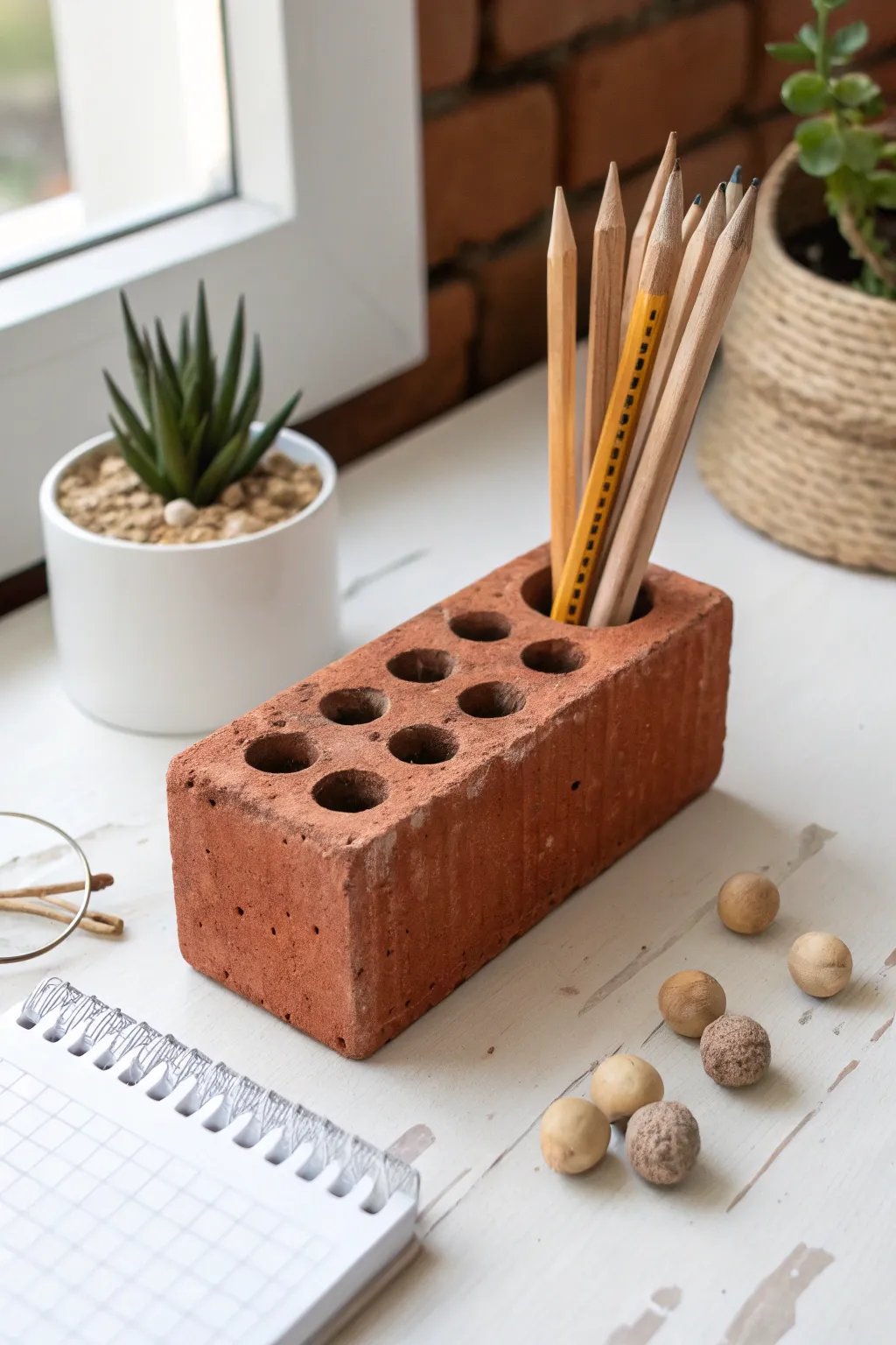 Transform an old brick into a chic pencil holder for a unique blend of industrial and boho charm on your desk.