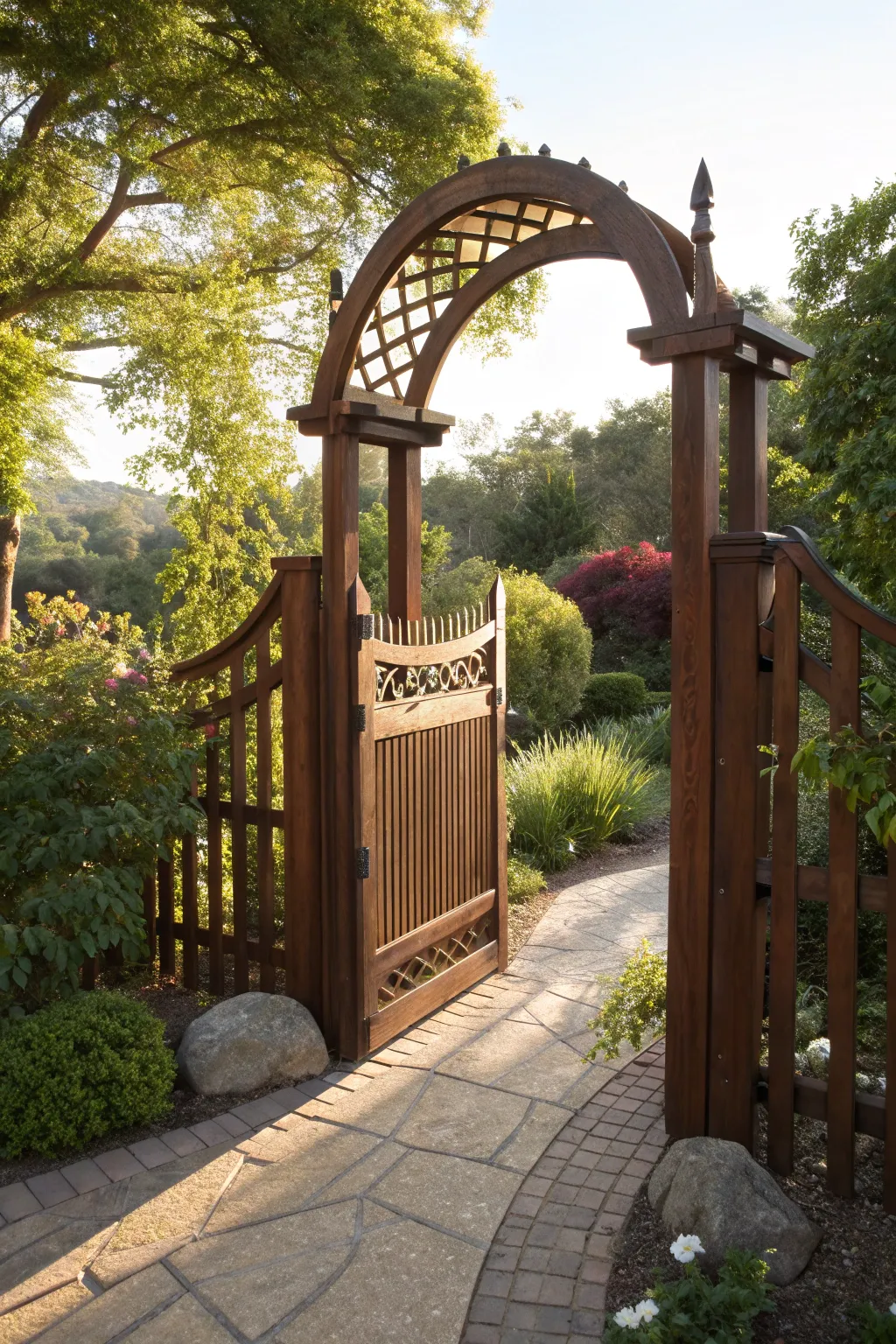 Elevate your entrance with a stunning arched picket fence gate.