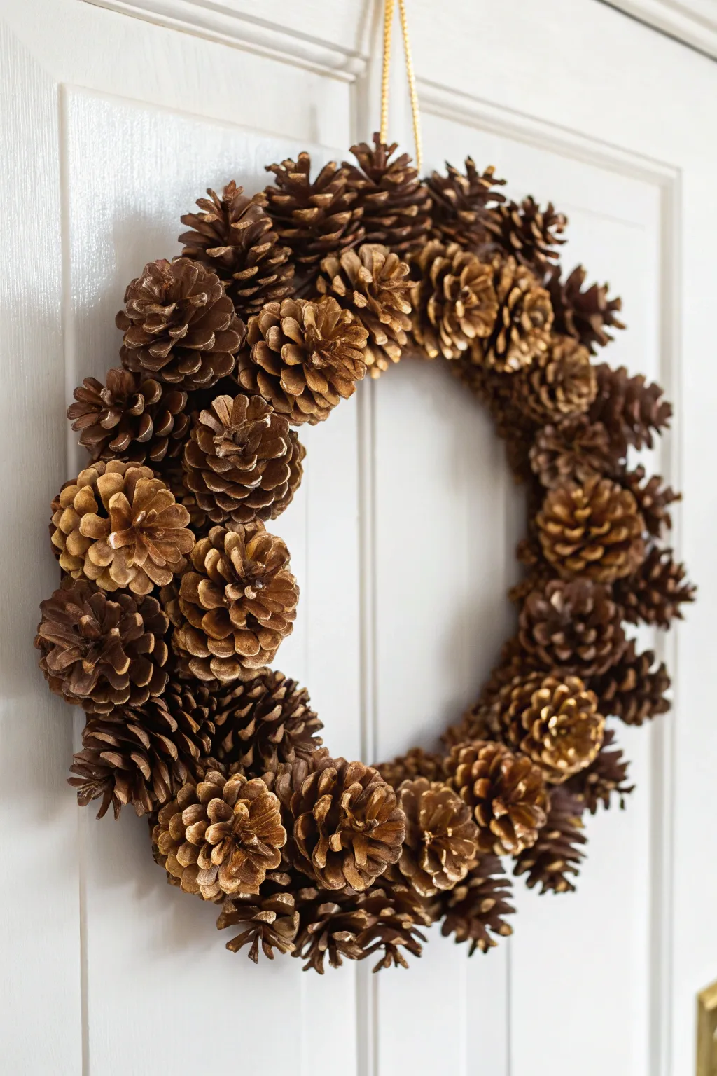 Add a touch of holiday glamour with a gold-tipped pinecone wreath—where simplicity meets elegance.