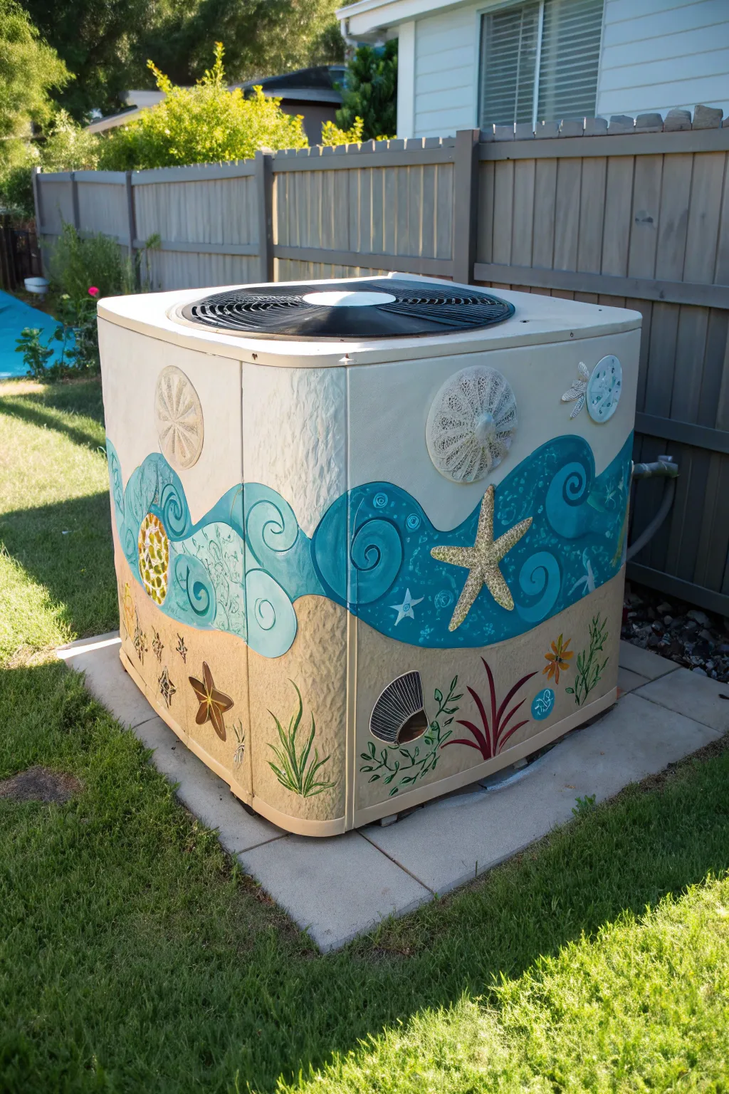 Transform your backyard with a beach-themed pool pump cover that blends artistry and utility.