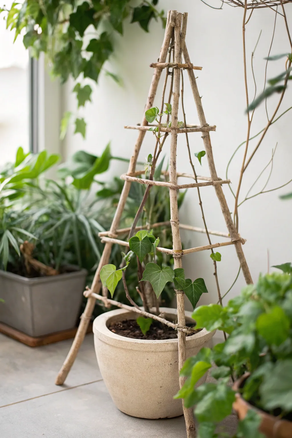 Embrace nature's artistry with a rustic branch trellis, perfect for your leafy greens.