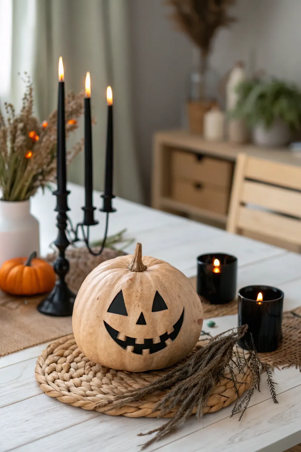 Elevate your Halloween decor with a minimalist pumpkin centerpiece that combines spooky charm with Scandinavian elegance.