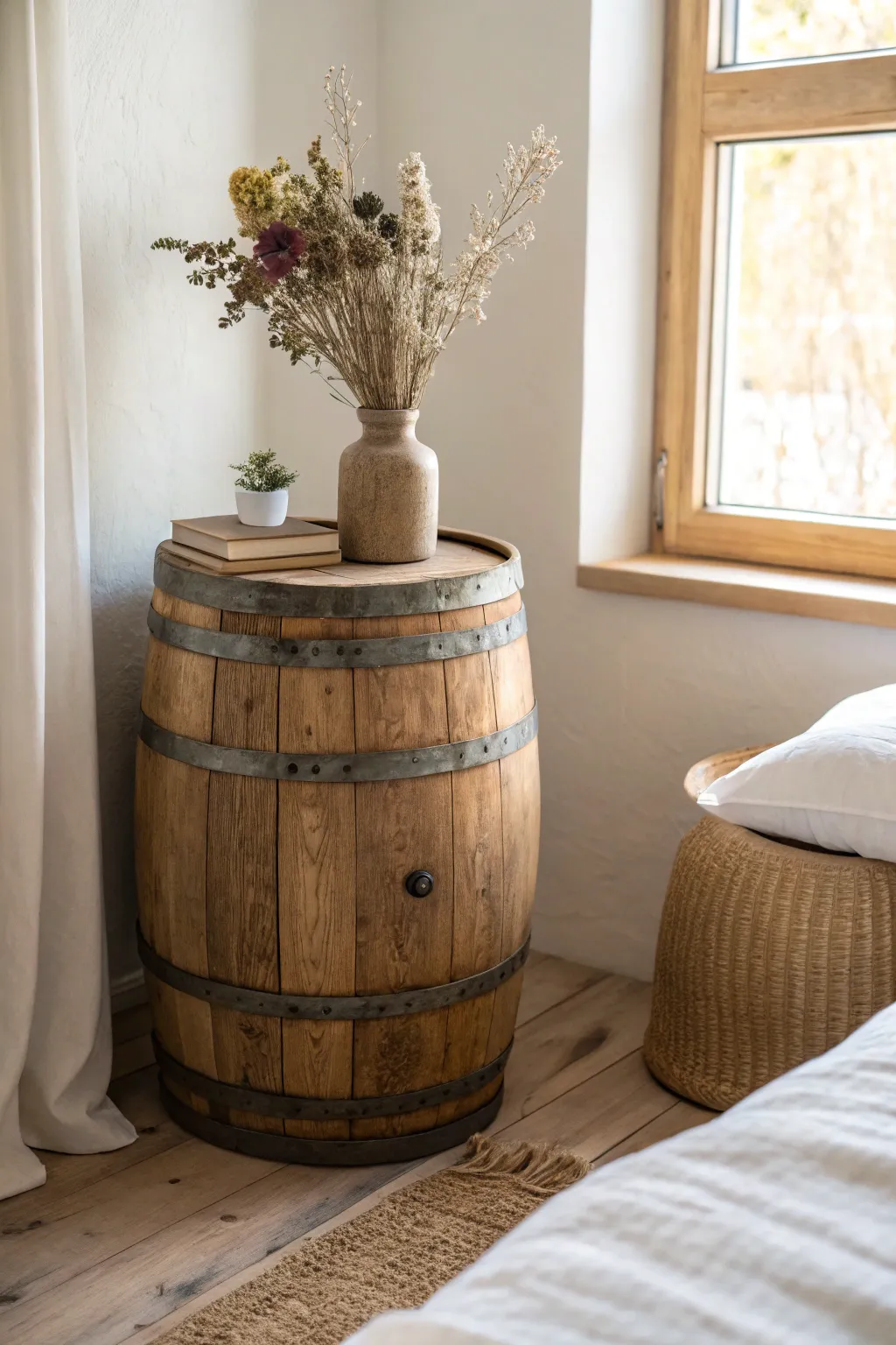 Transform rustic finds into chic nightstand pieces. Embrace simplicity and natural beauty.