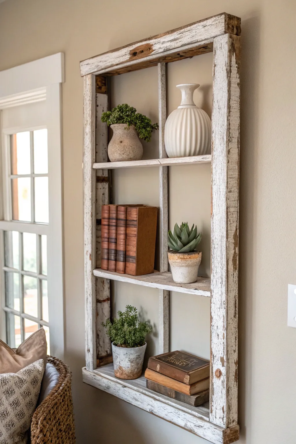 Transforming history into art: A rustic window frame turned into a stunning bookshelf centerpiece.