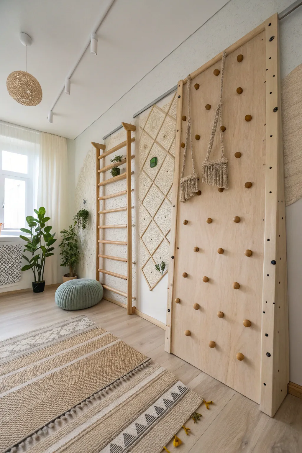 Embrace active play with this minimalist climbing wall, where simplicity meets craftsmanship in a serene sensory space.