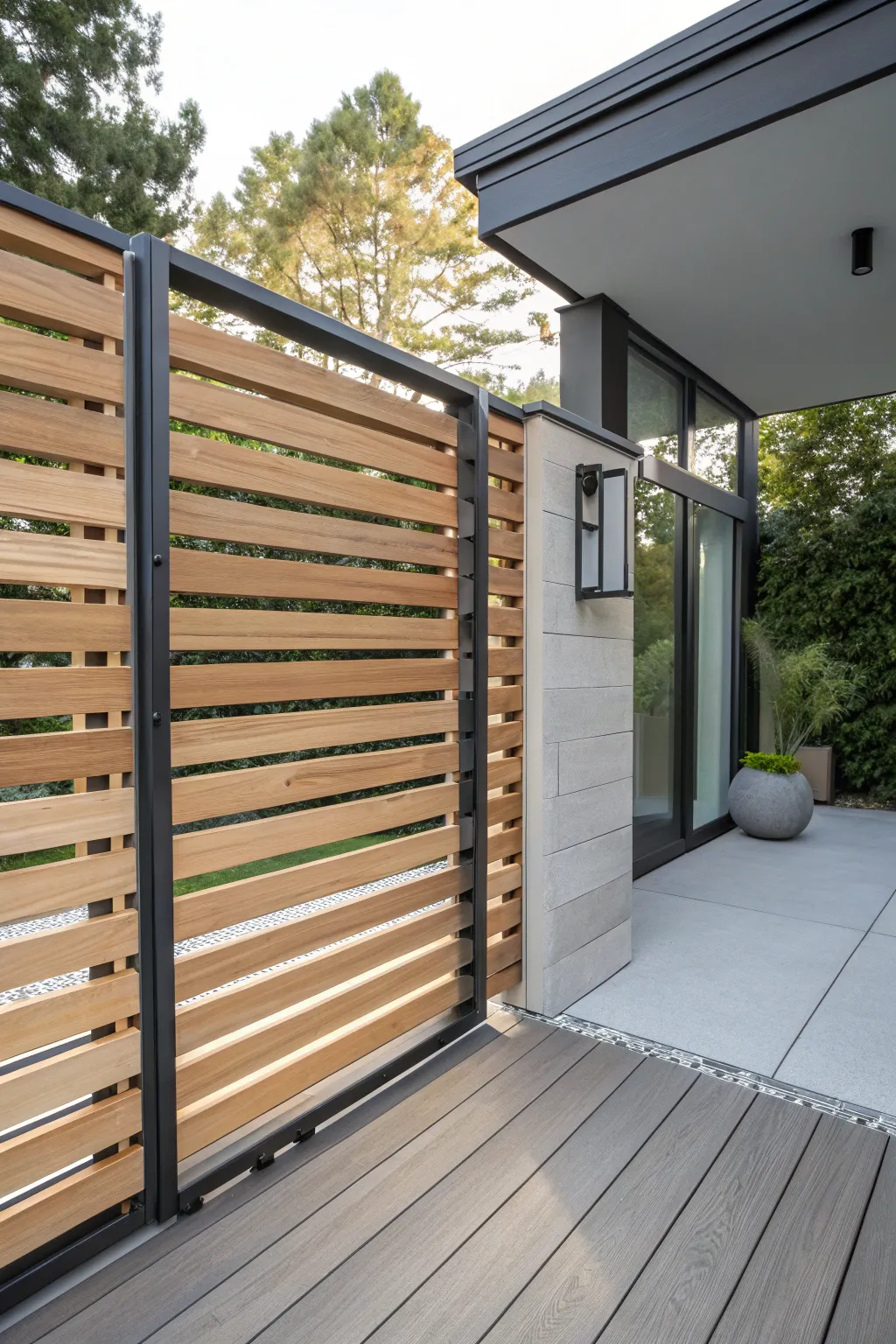 Elevate your deck with this sleek sliding gate design that creates a striking floating panel illusion. #DIYDesign #ModernCraftsmanship