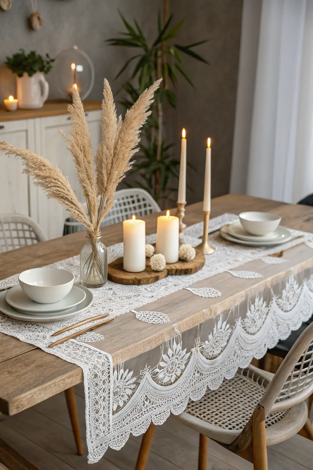 Add a touch of elegance to your dining experience with a vintage lace table cover.