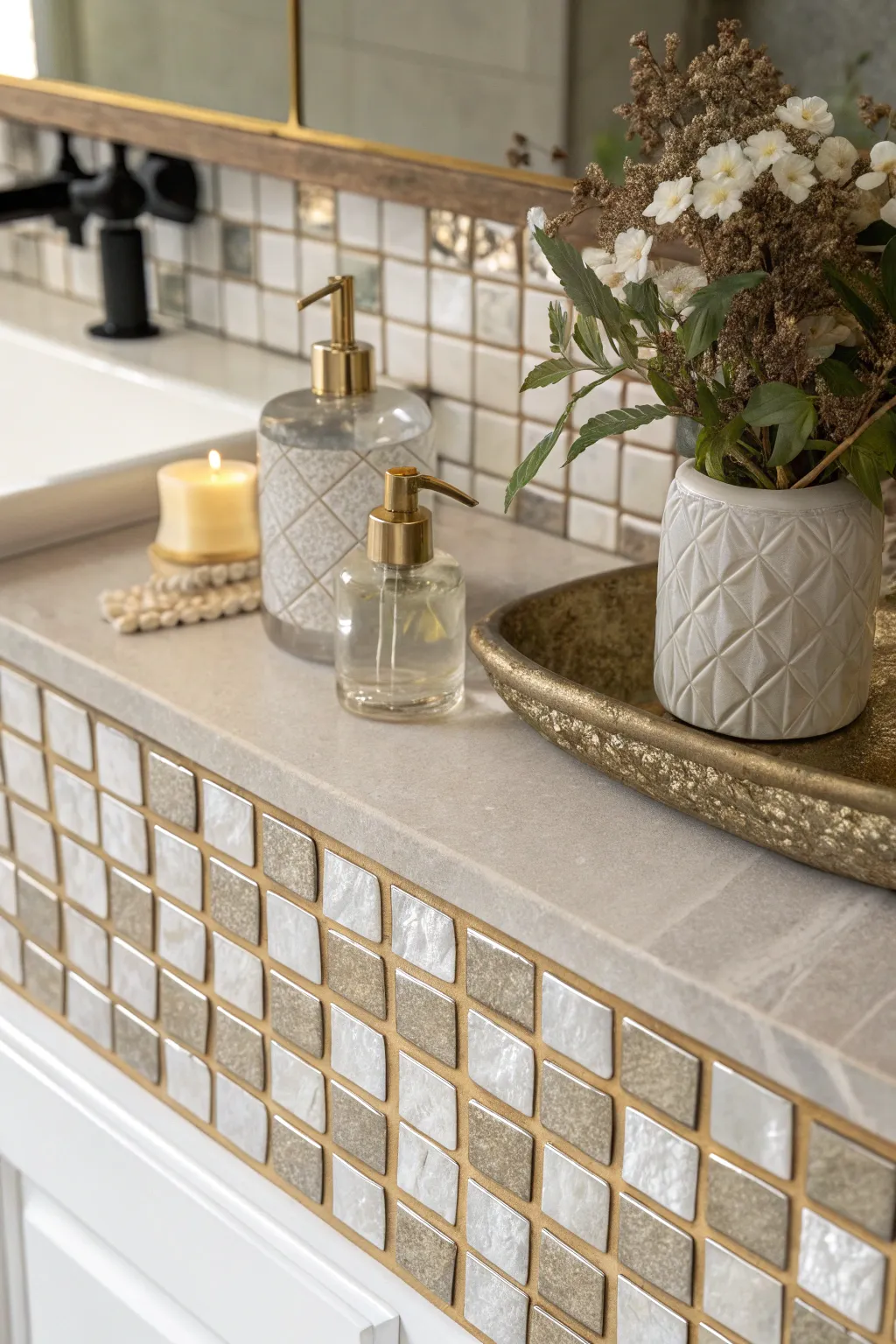Transform your space with the shimmer of metallic tiles – a touch of luxury in minimalist design.