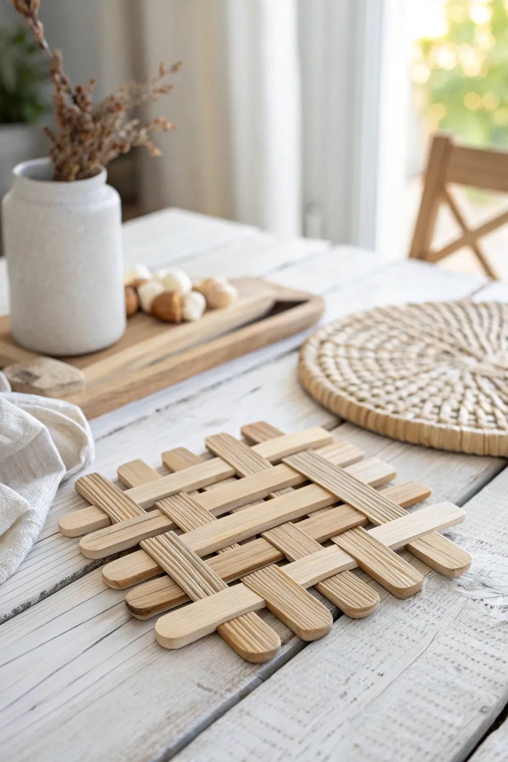 Crafting elegance with simplicity: A minimalist popsicle stick trivet that adds a playful touch to your home.