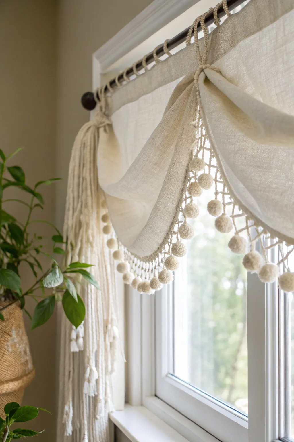 Add a touch of whimsy and charm to your space with this DIY pom-pom trim valance.